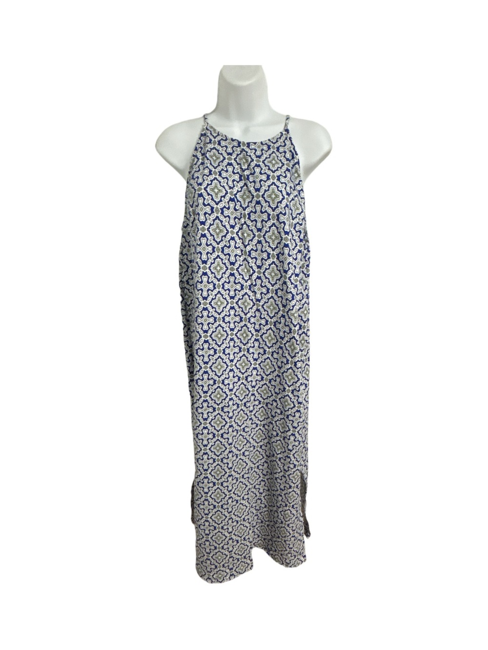 Boden Racer Halter 100% Cotton Summer Blue White Green Midi Dress Size 10R